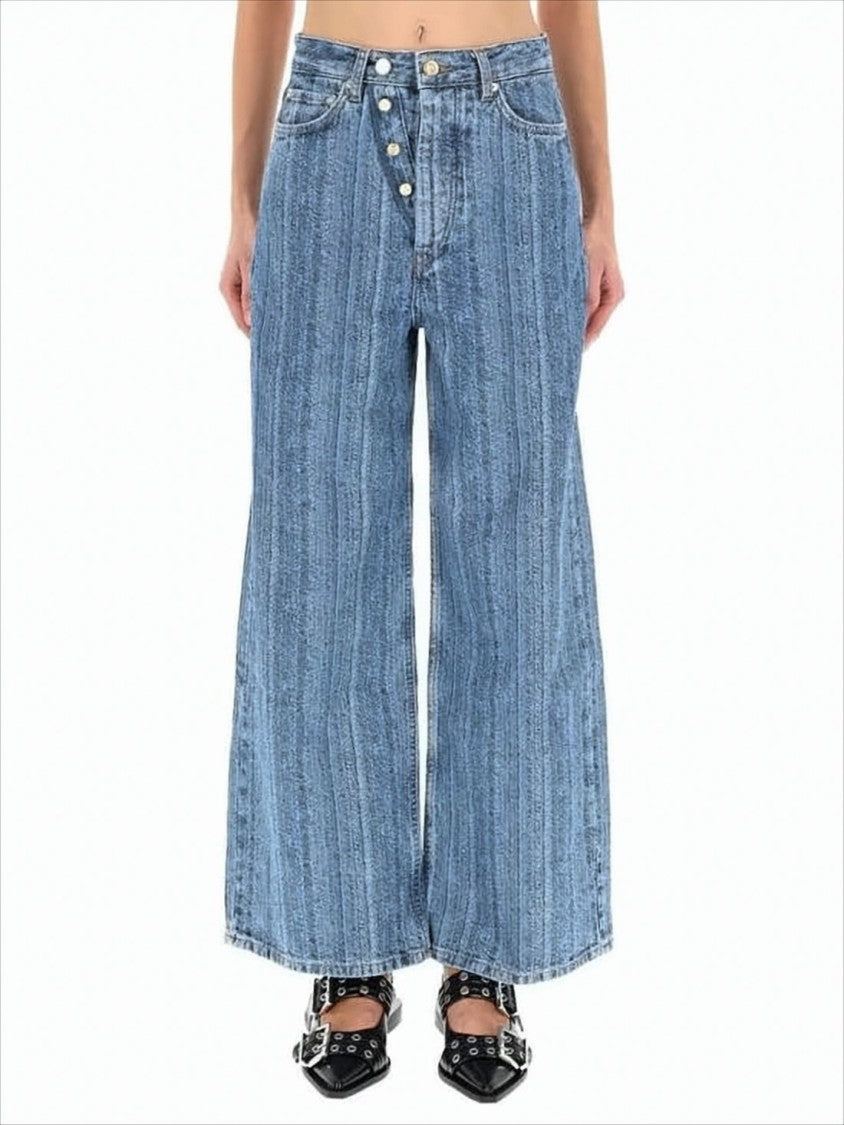 Ganni Wide-Leg Denim Pants With Vertical Striped Pattern