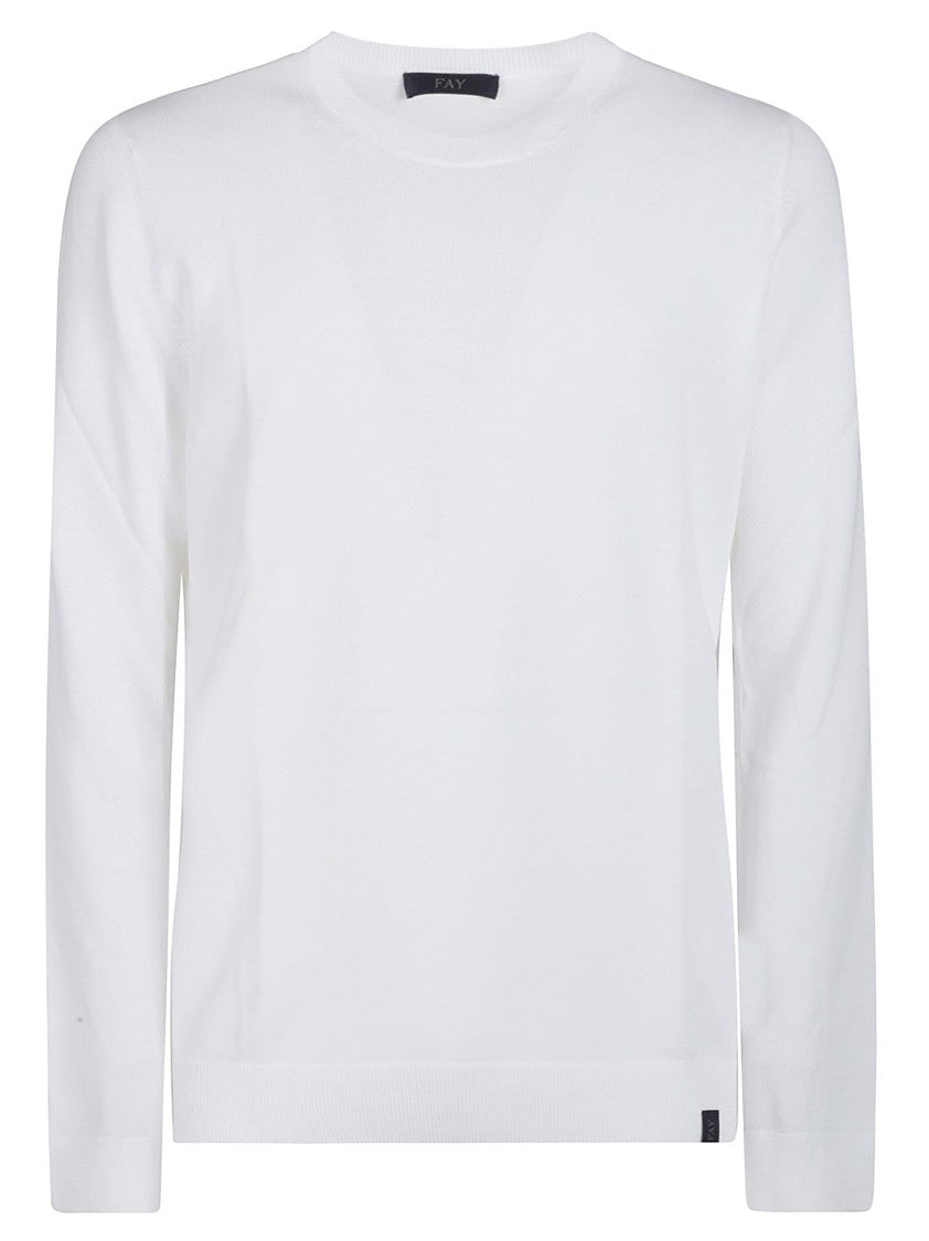 Fay Plain White Cotton Ribbed Sweater