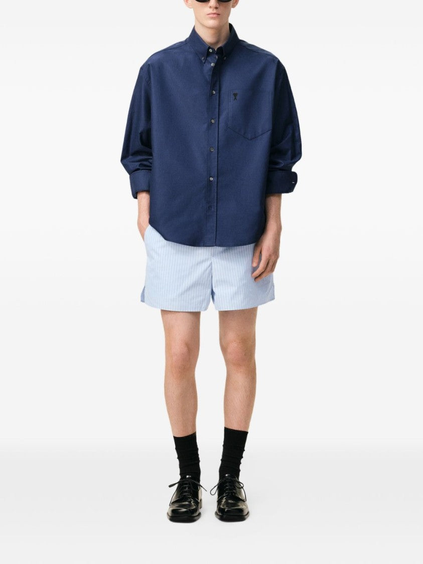 Ami Paris Blue Striped Elasticated Waist Cotton Shorts