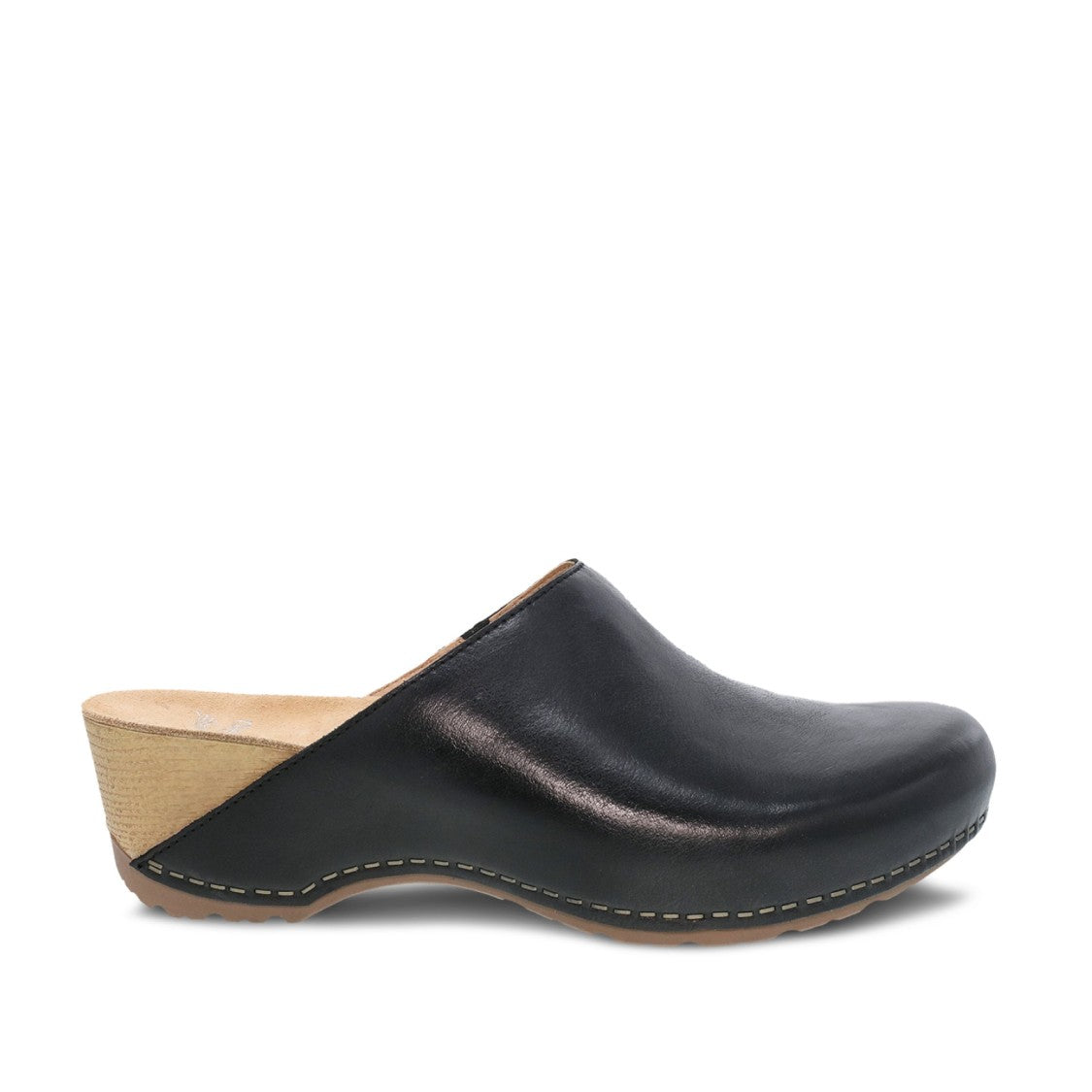 Dansko Black Leather Mule With Contrasting Beige Wedge