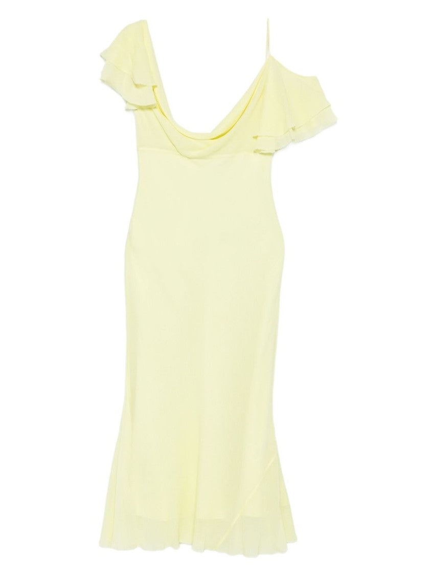 Self-Portrait Light Yellow Ruffled Midi Dress With Draped Neckline