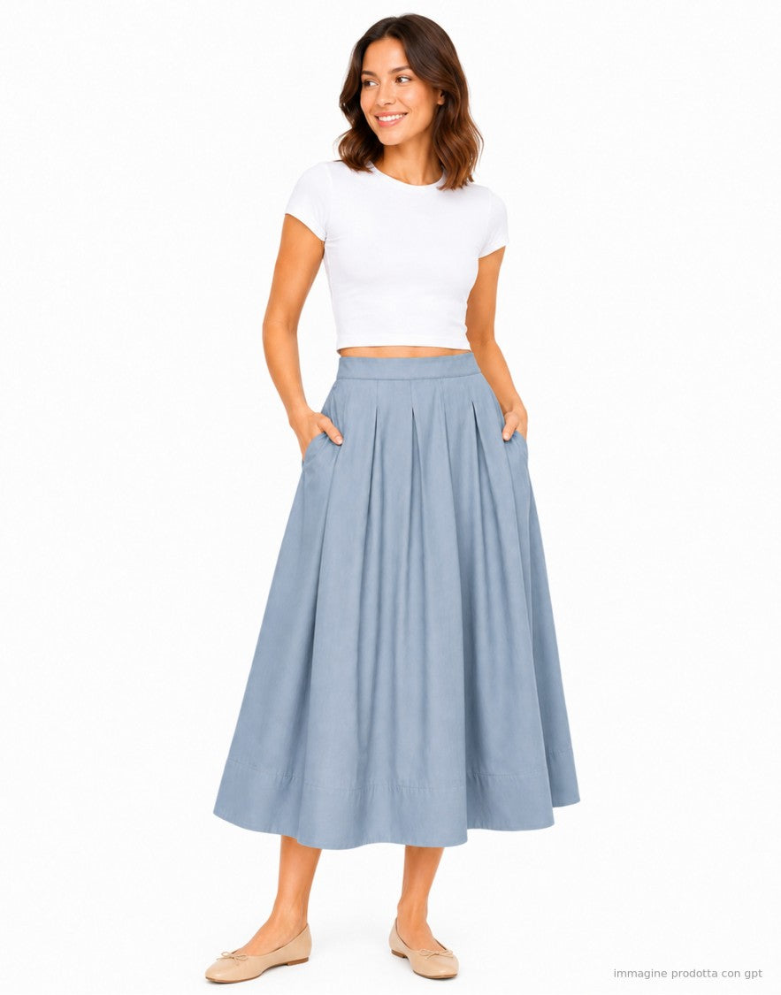 Nine In The Morning Light Blue Stretch Cotton Pleated Midi Skirt