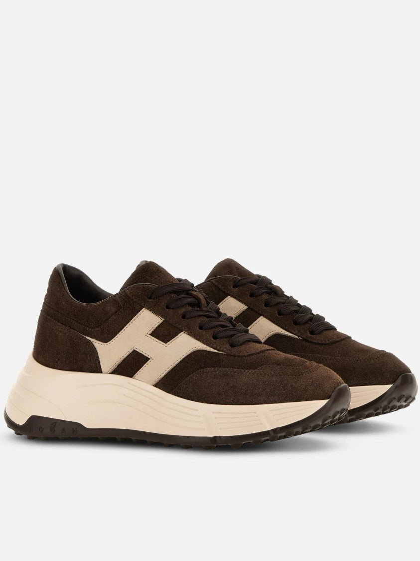 Hogan Dark Brown Suede Sneakers With Beige Logo And Cream Sole