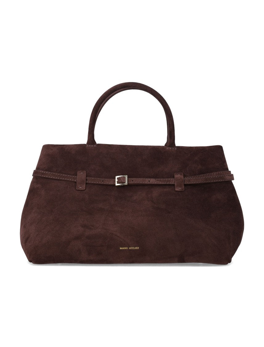 Manu Atelier Le Cambon 35 Belted Gold Logo Structured Suede Shoulder Bag