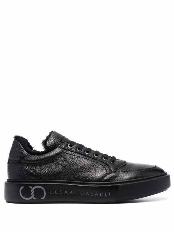 Casadei Textured Black Leather Low-Top Sneakers With Fur Lining