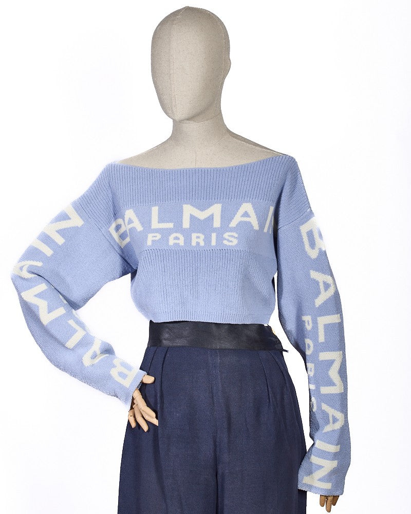 Balmain Light Blue Logo Crop Pullover