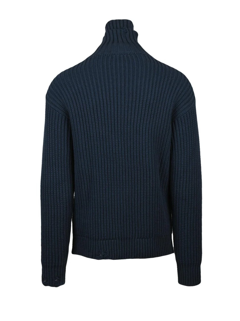 Dsquared2 Ribbed High Neck Knit Sweater With Leather Detail