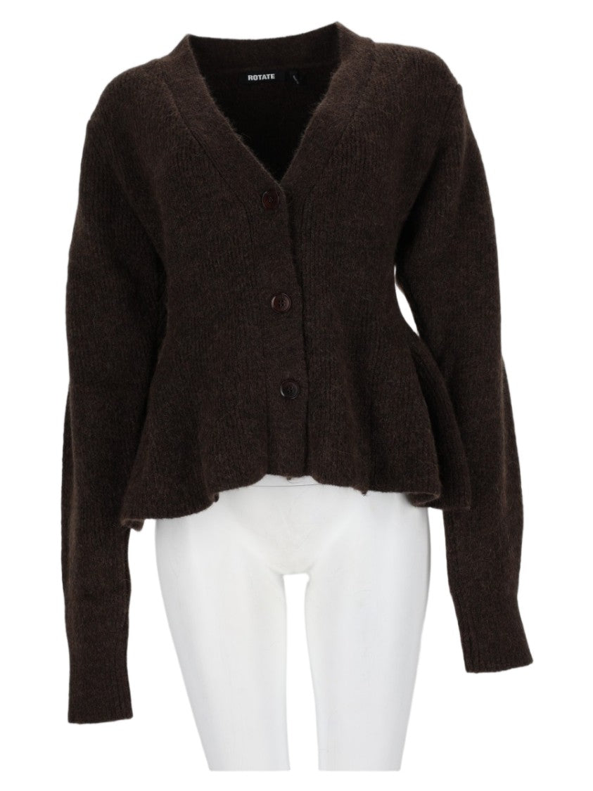 Rotate Deep V-Neck Brown Knit Sweater With Flared Hem