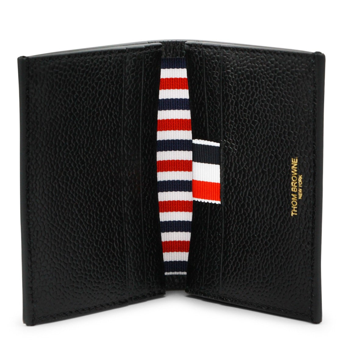 Thom Browne Compact Grain Leather Card Holder With Tricolor Stripe Band