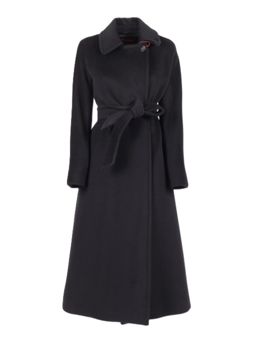 Max Mara Timeless Black Long Coat With Self-Tie Waist