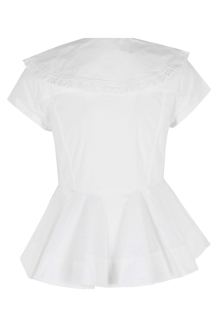 Ganni White Stretch Cotton Peter Pan Collar Flared Cotton Shirt