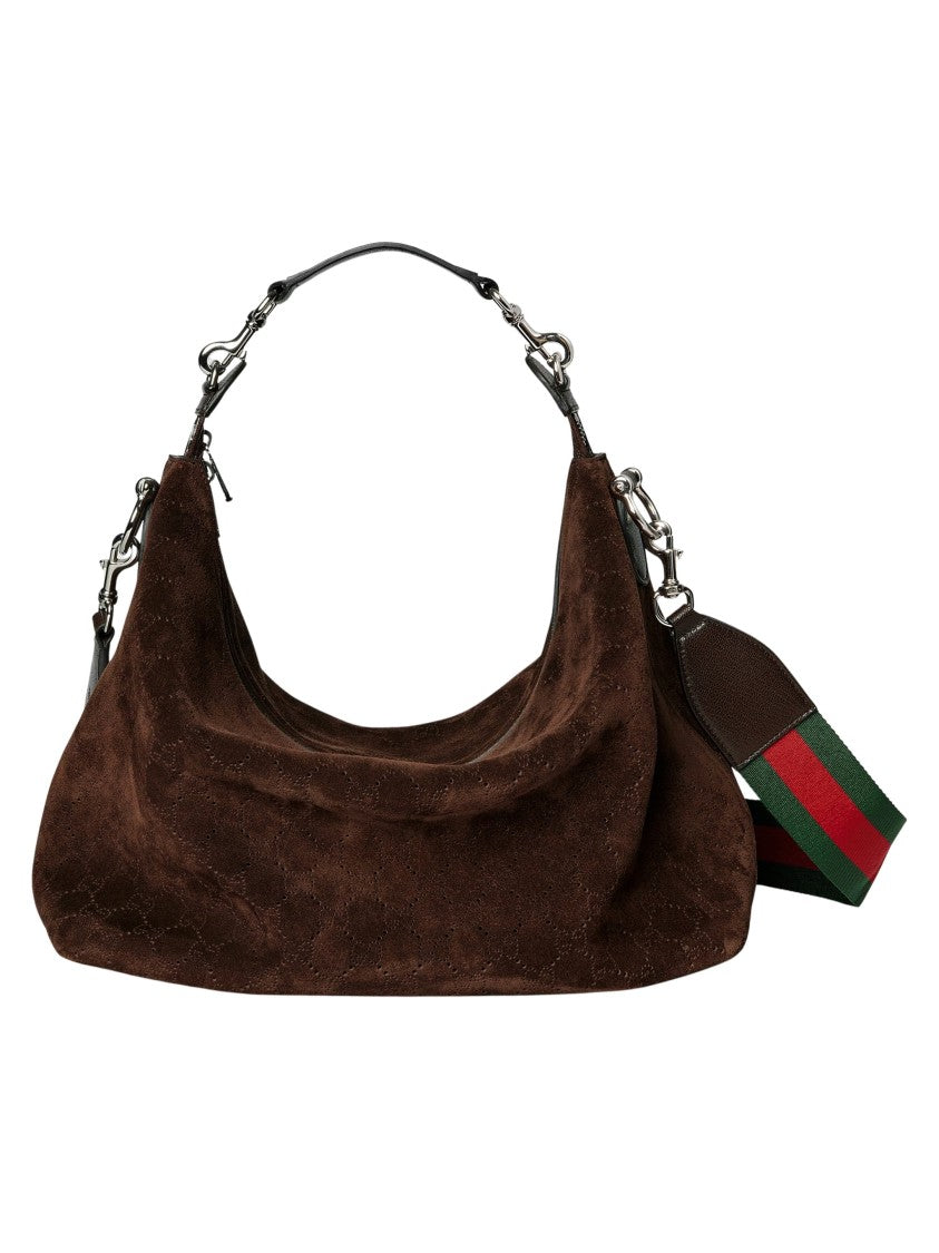Gucci Perforated Dark Brown Suede Crossbody Bag With Palladium Hardware