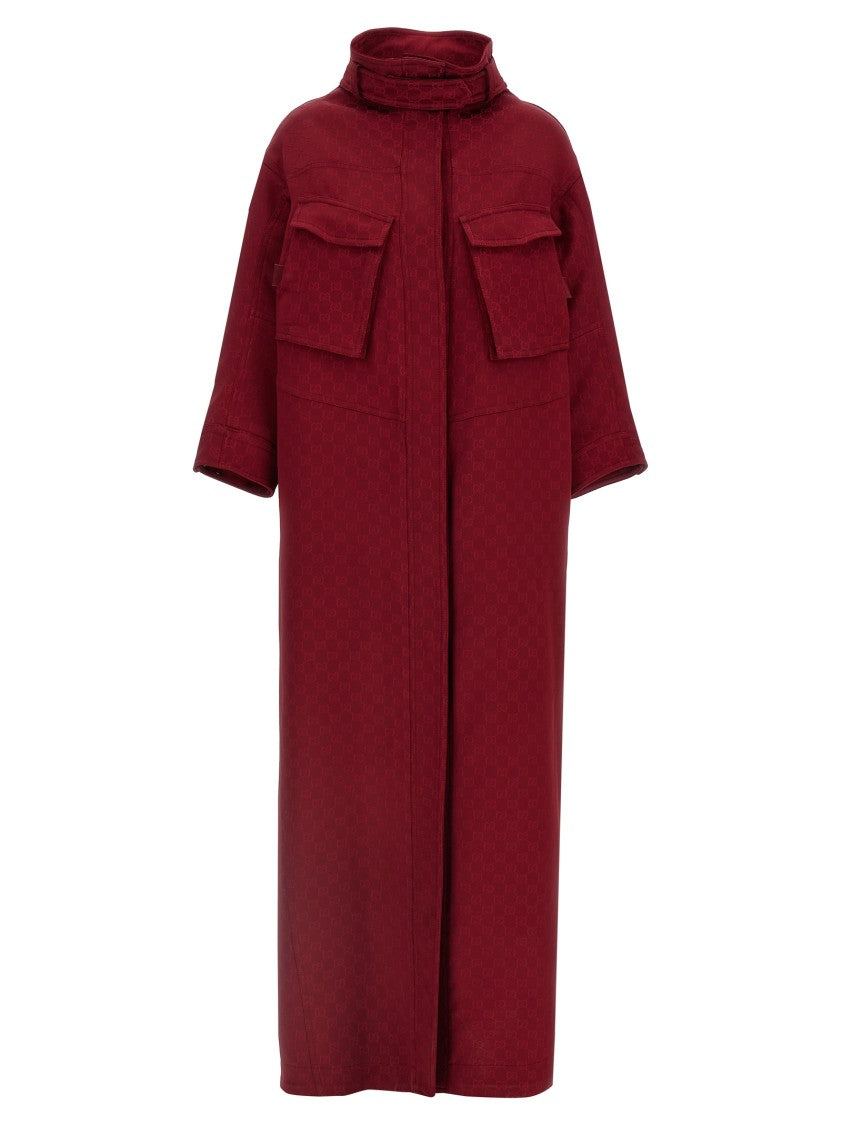 Gucci Long Oversized Gg Jacquard Coat With Drawstring Waist And High Neck