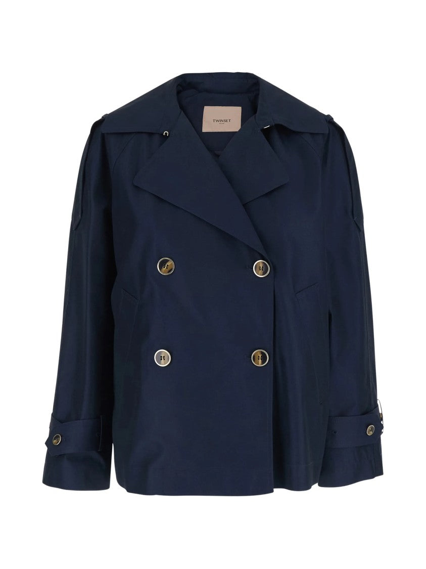 Twin-Set Blue Caban Cropped Double-Breasted Peacoat