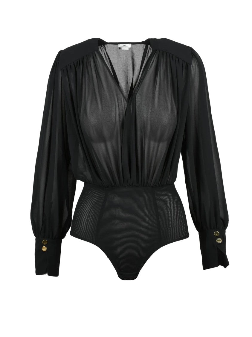 Elisabetta Franchi Black Polyester Deep V-Neck Bodysuit