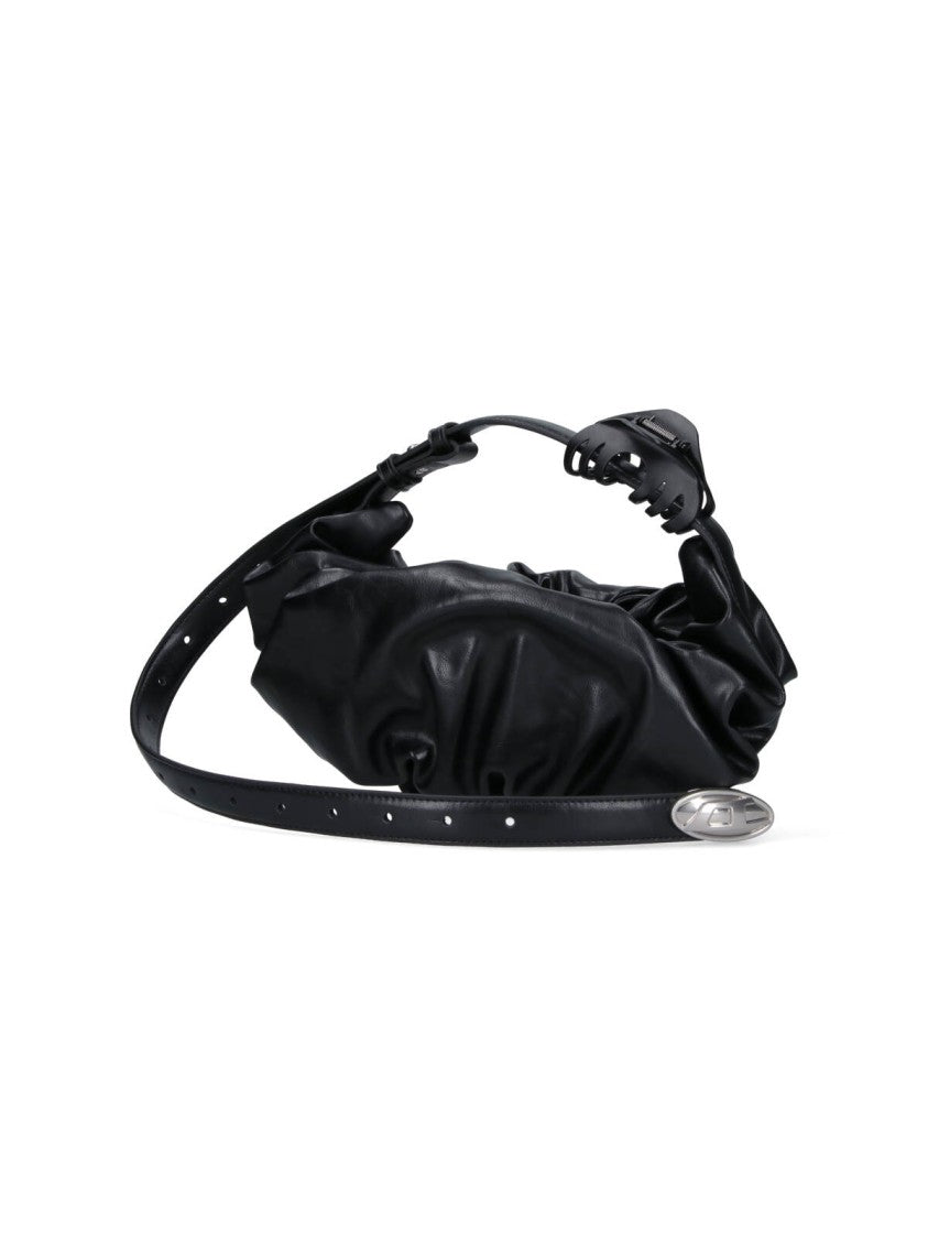 Diesel Ruched Black Fabric Shoulder Bag With Adjustable Strap