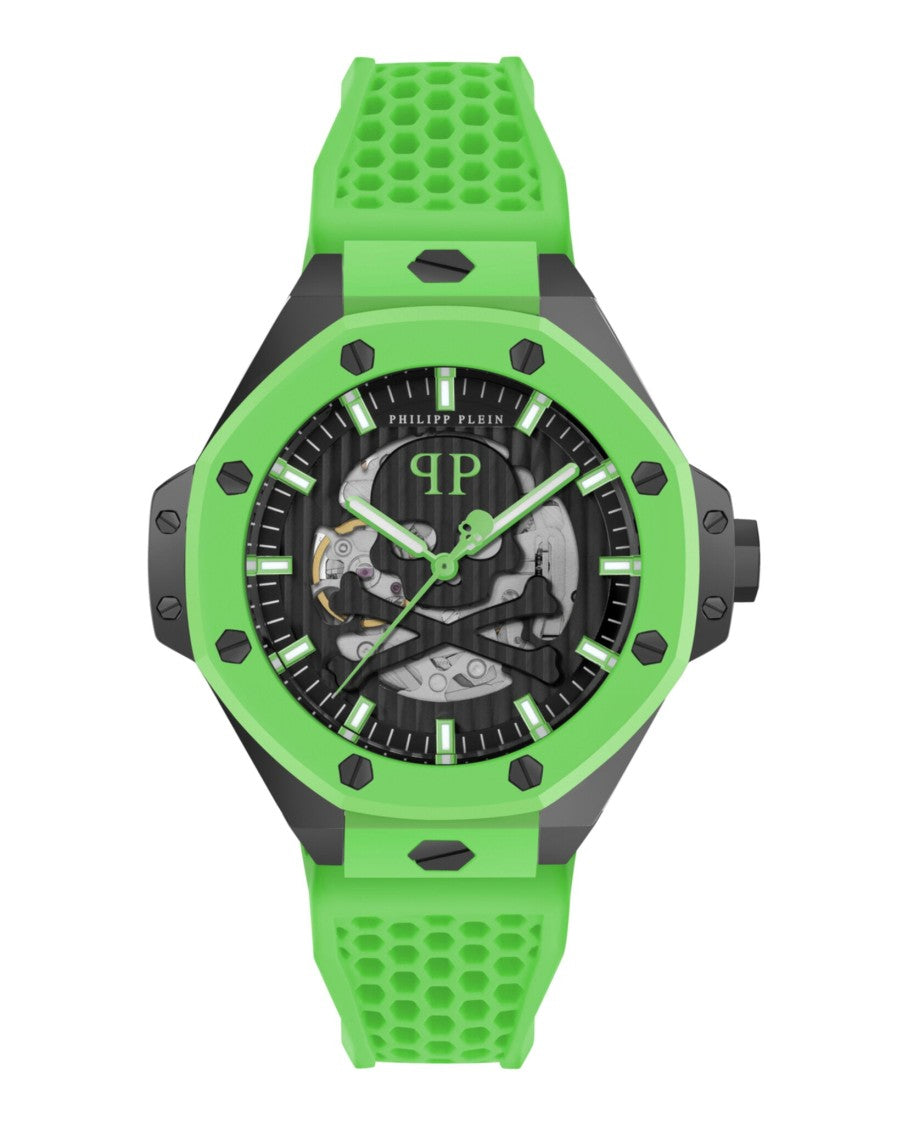 Philipp Plein Skeleton Dial Automatic Watch With Green Silicone Strap