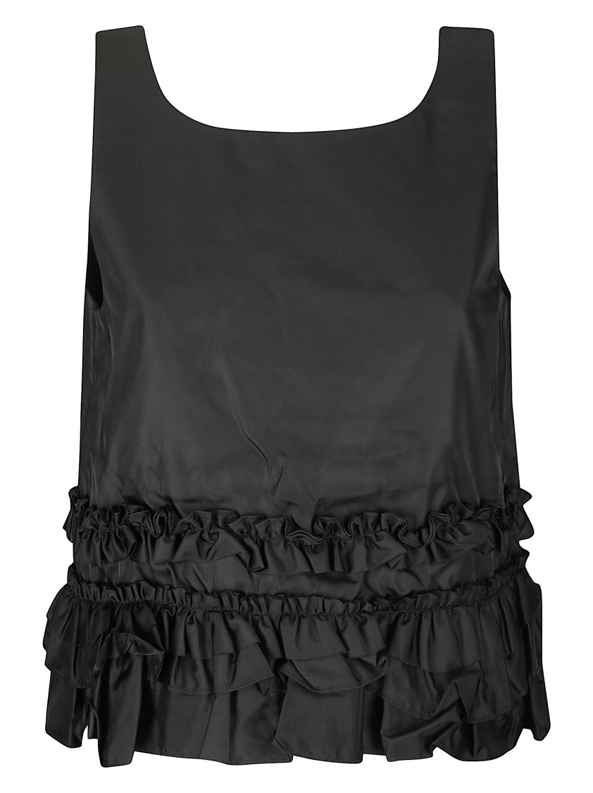 Ganni Crinkled Taffeta Checkered Top With Ruches