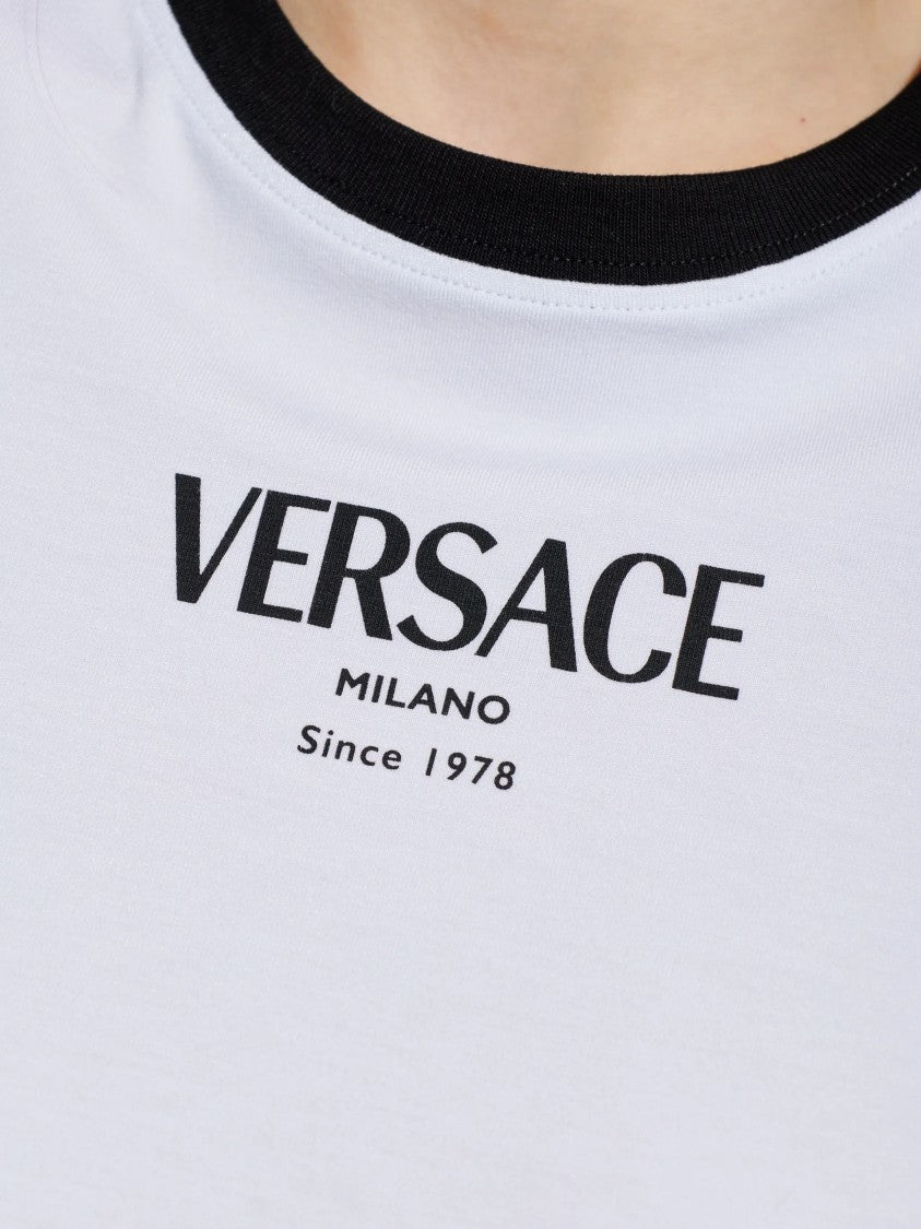 Versace White Cropped Viscose Contrast Trim T-Shirt