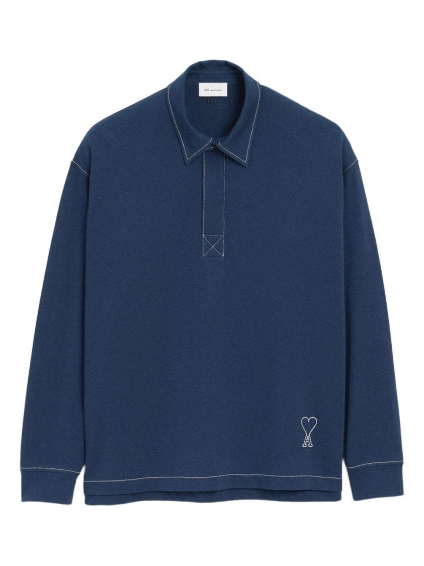 Ami Paris Ink Blue Long-Sleeve Polo Shirt