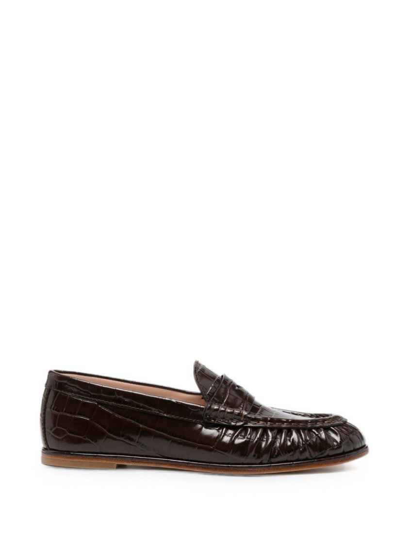Stuart Weitzman Black Crocodile-Embossed Flat Classic Penny Loafers