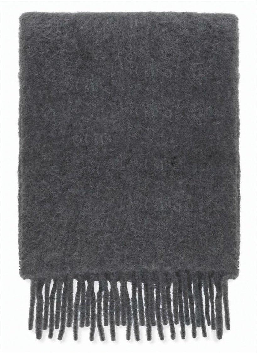 Marni Textured Deep Charcoal Grey Scarf With Fringed Ends And Signature Patch