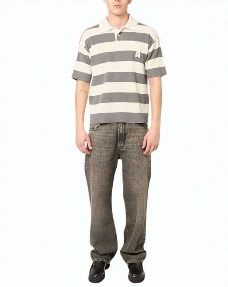 Ami Paris Neutrals Horizontal Striped Heart Emblem Polo