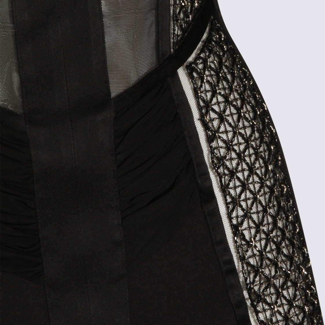 Elisabetta Franchi Long Sleeveless Dress With Geometric Lace Details And Sheer Mesh Panels