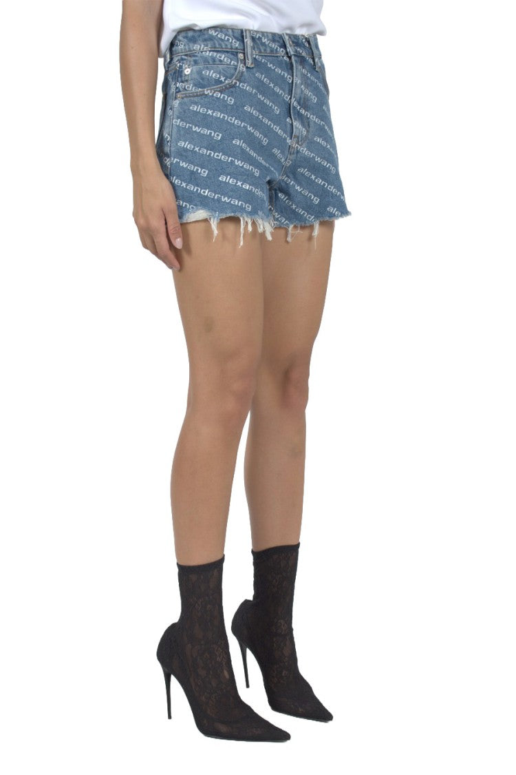 Alexander Wang Blue Logo-Print Frayed Hem Denim Shorts