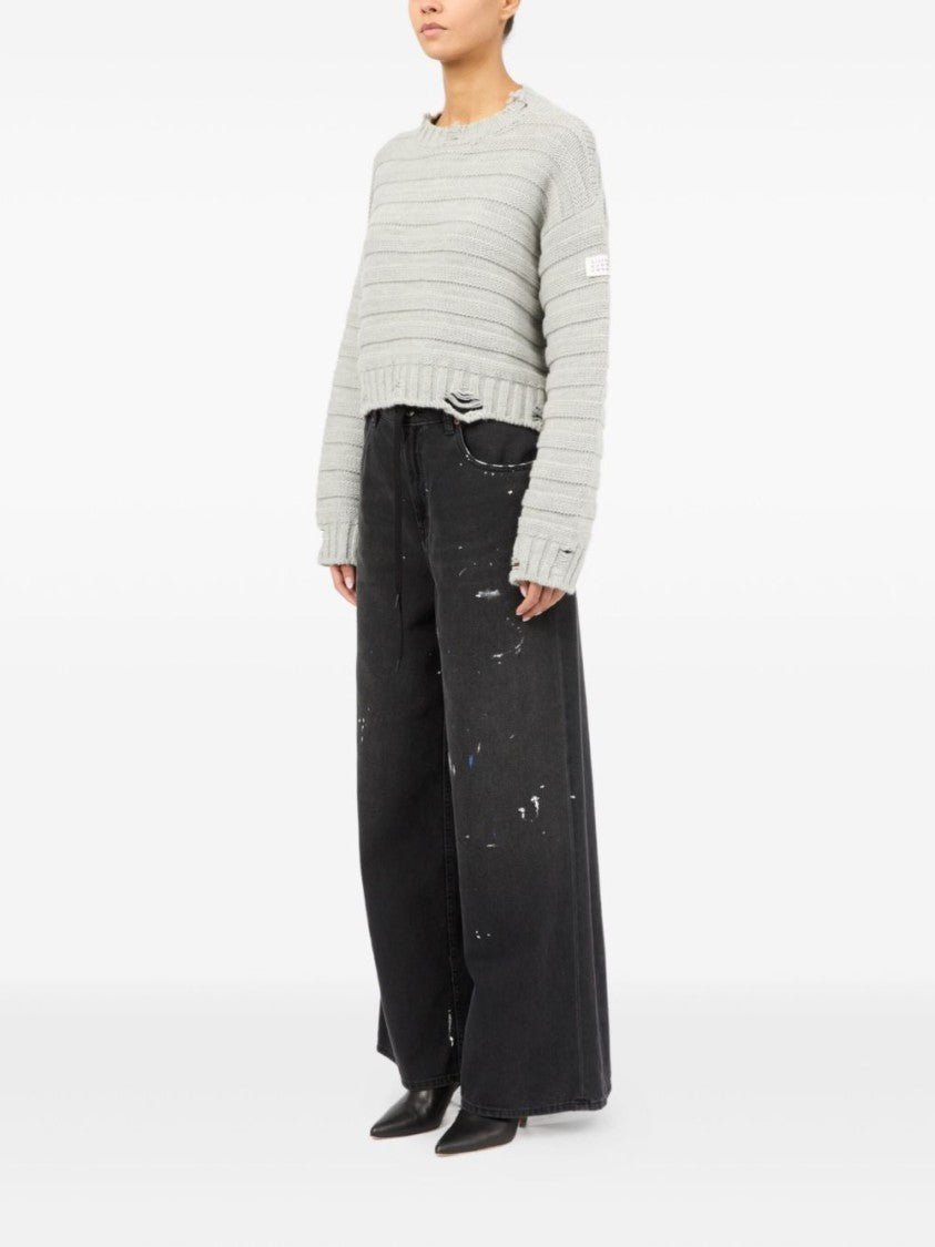 Mm6 By Maison Margiela Cropped Grey Sweater With Ribbed Knit