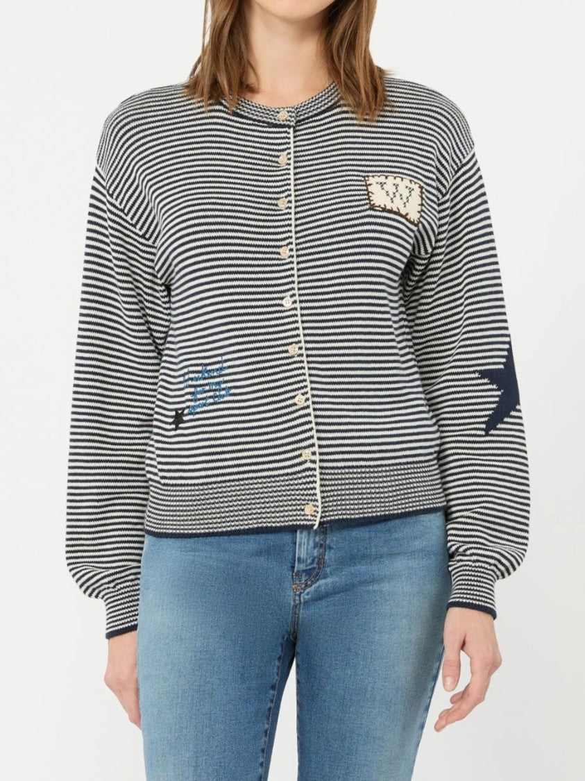 Weekend Cropped Knit Cardigan With Horizontal Stripes And Decorative Accents