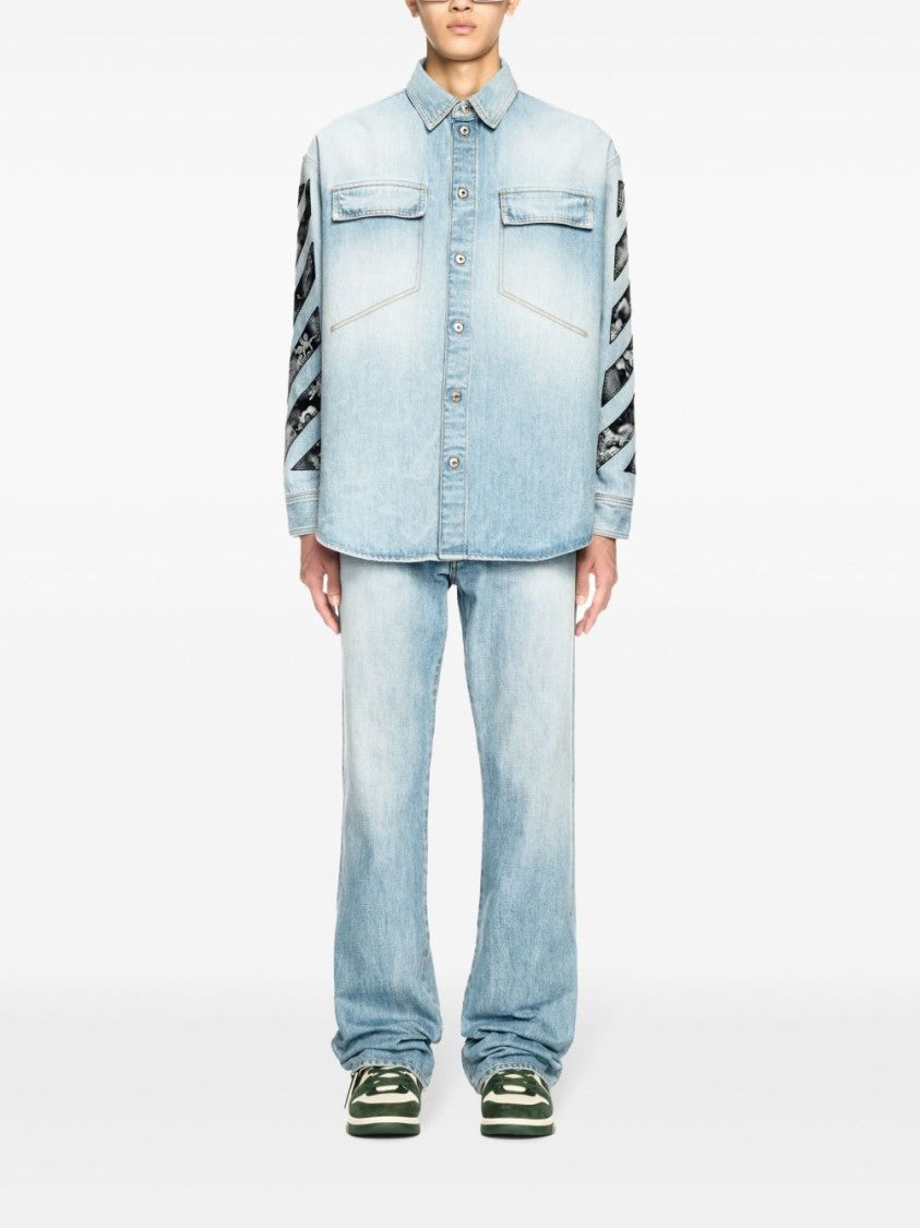 Off-White Light Blue Cotton Fresco Shirt With Flap Pockets