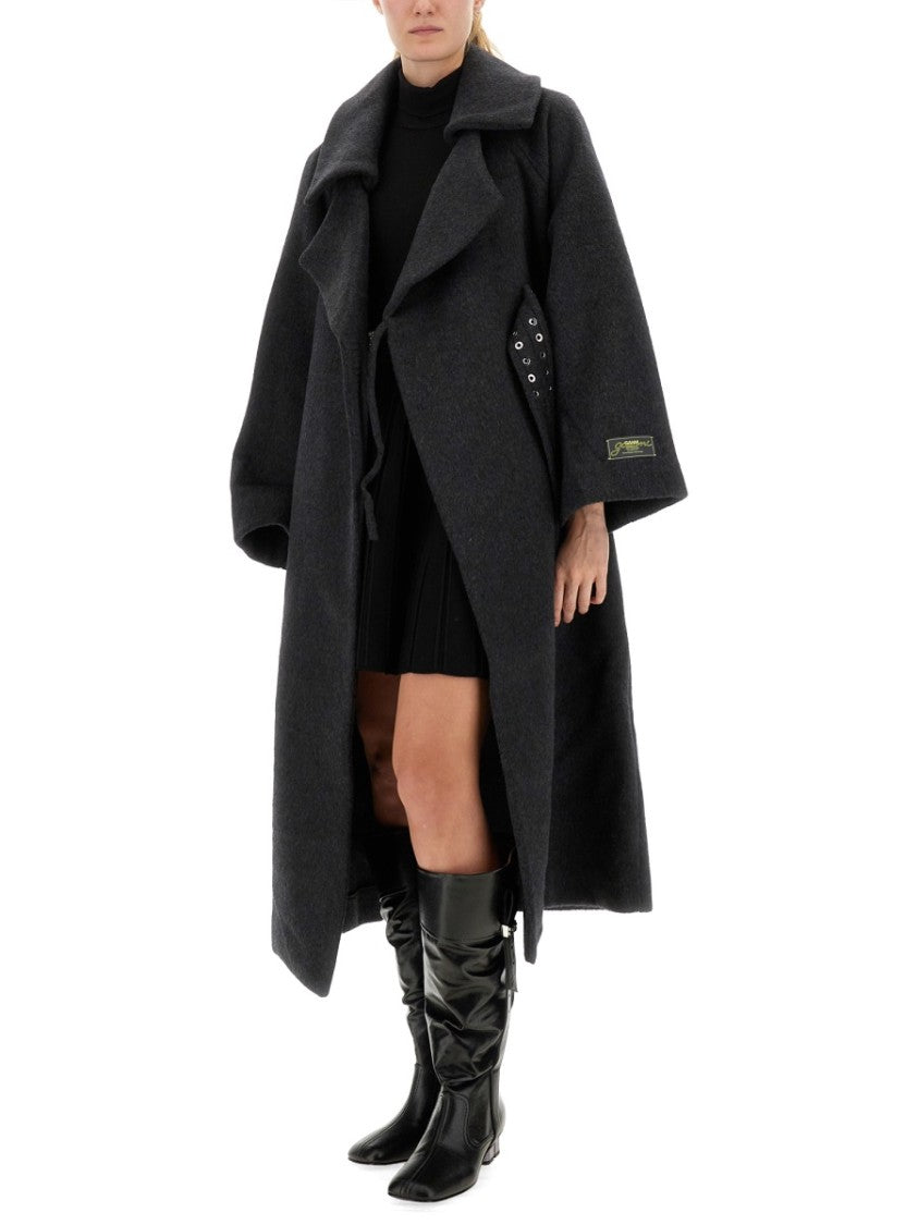 Ganni Charcoal Wool Coat With Wide Notched Collar And Asymmetrical Closure