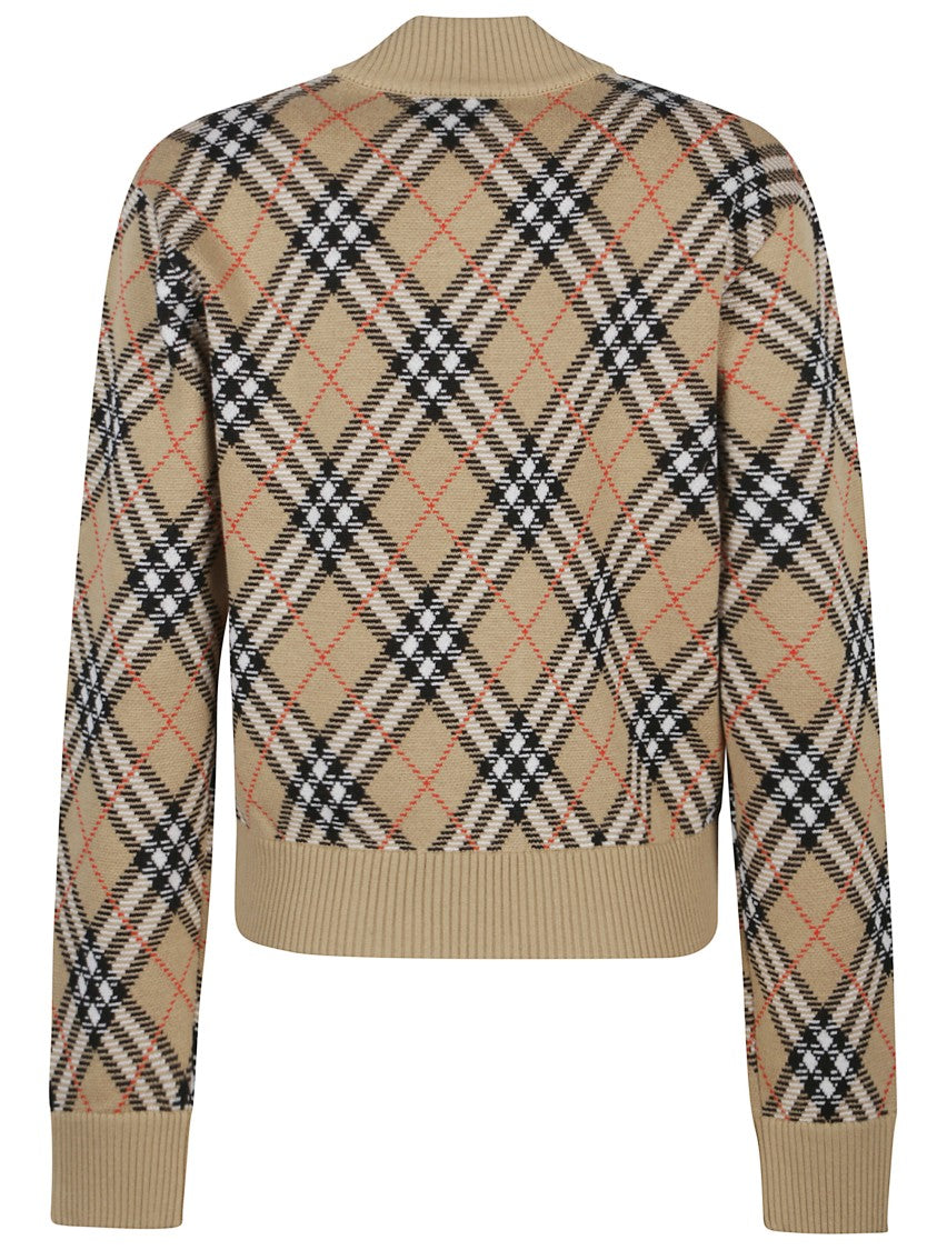 Burberry Beige Checked Cardigan With Ribbed Finish