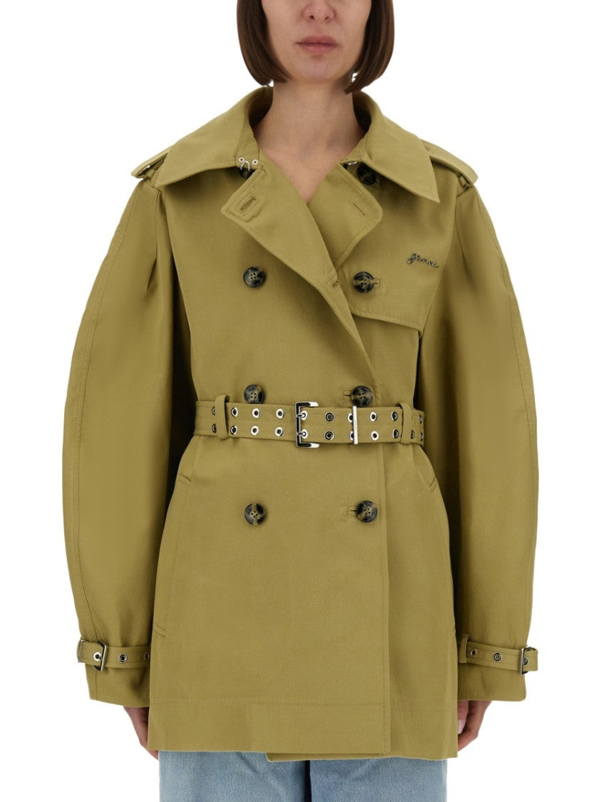 Ganni Double-Breasted Midi Trench Coat With Oversized Sleeves
