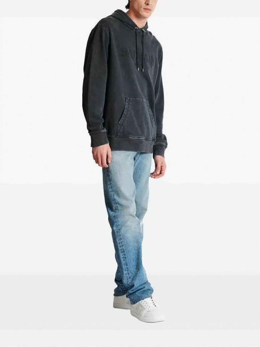 Balmain Washed Black Relaxed-Fit Hoodie With Embossed Logo