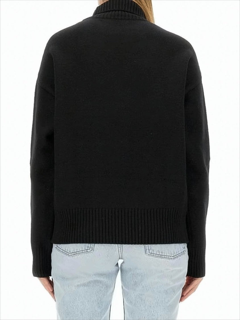 Ami Relaxed Fit Black Wool Turtleneck Sweater With Graphic Heart Motif