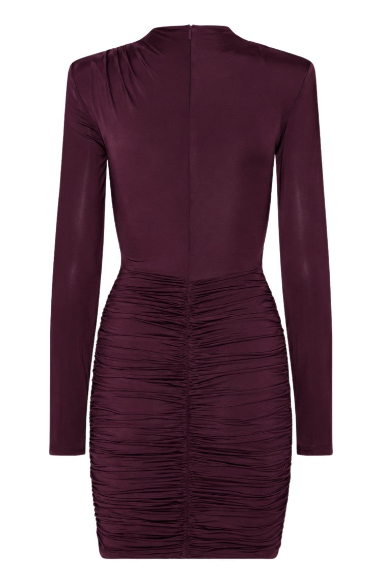 Rotate Wine High Neck Draped Long-Sleeve Mini Dress
