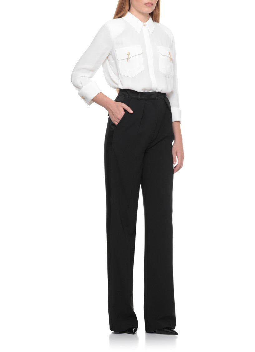 Elisabetta Franchi High-Waisted Black Crepe Pants With Flap Pockets