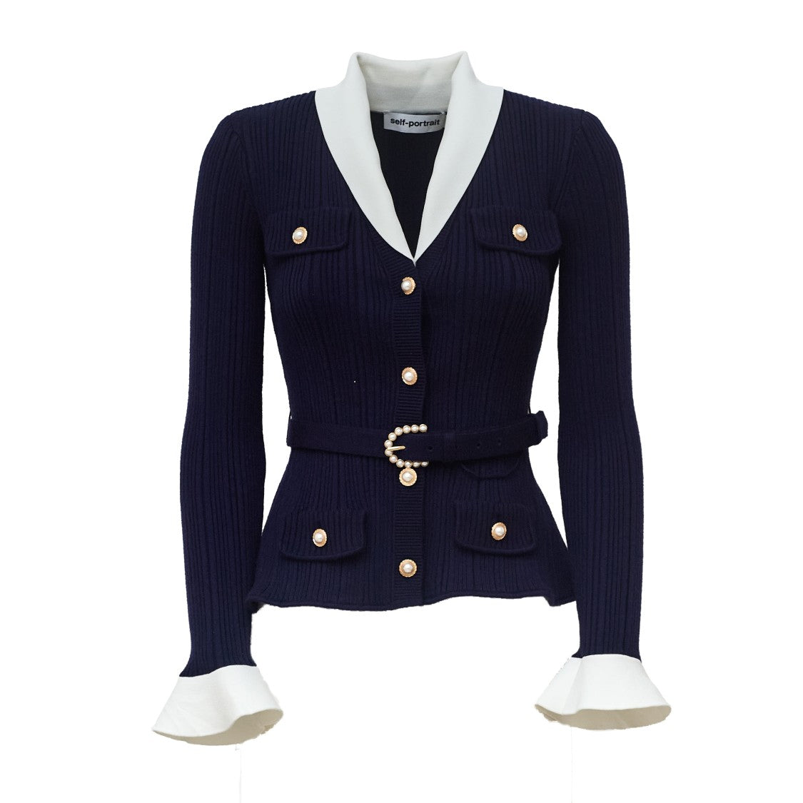 Self-Portrait Ribbed Knit Cardigan With Contrasting Collar And Pearl-Embellished Belt