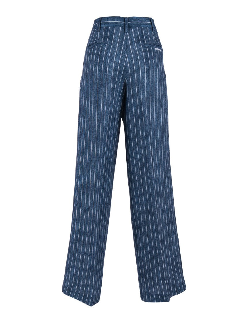 Ermanno Scervino Relaxed Fit Deep Blue Linen Pants With Vertical Pinstripes