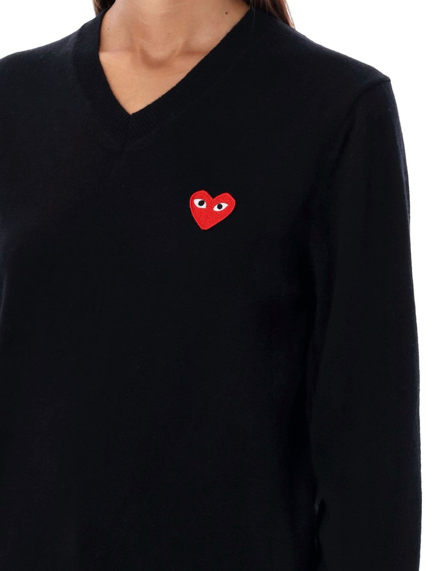 Comme Des Garçons Icon Heart Black V Neck Sweater