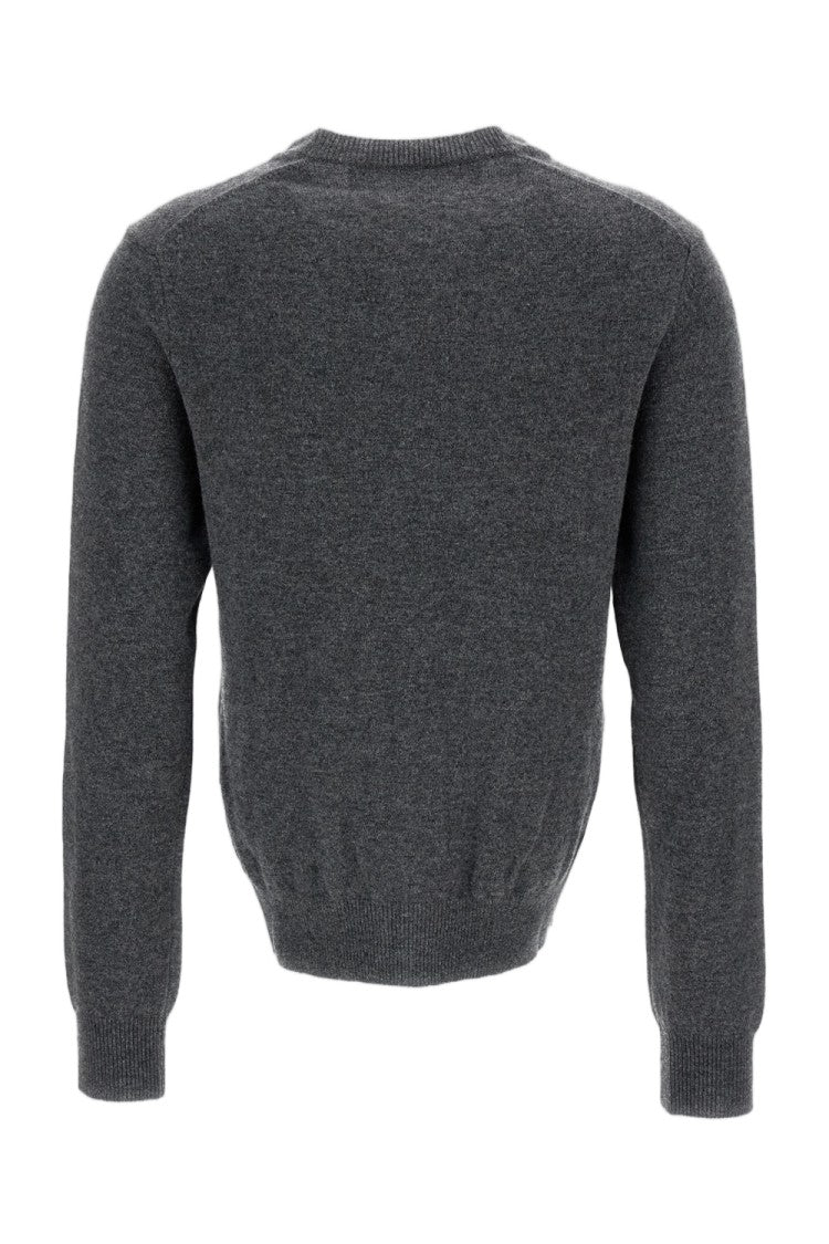 Comme Des Garçons Grey White Emblem Wool Round-Neck Cardigan