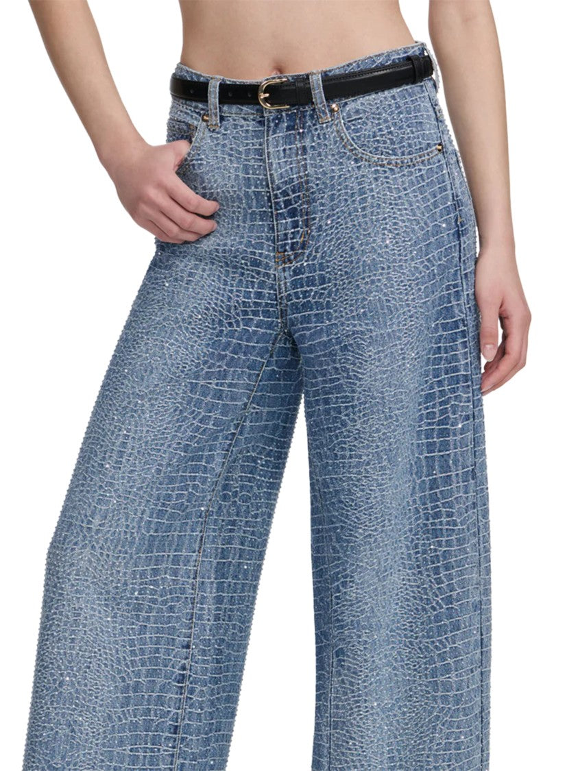 Self-Portrait Rhinestone-Embellished Croc Effect Wide-Leg Jeans