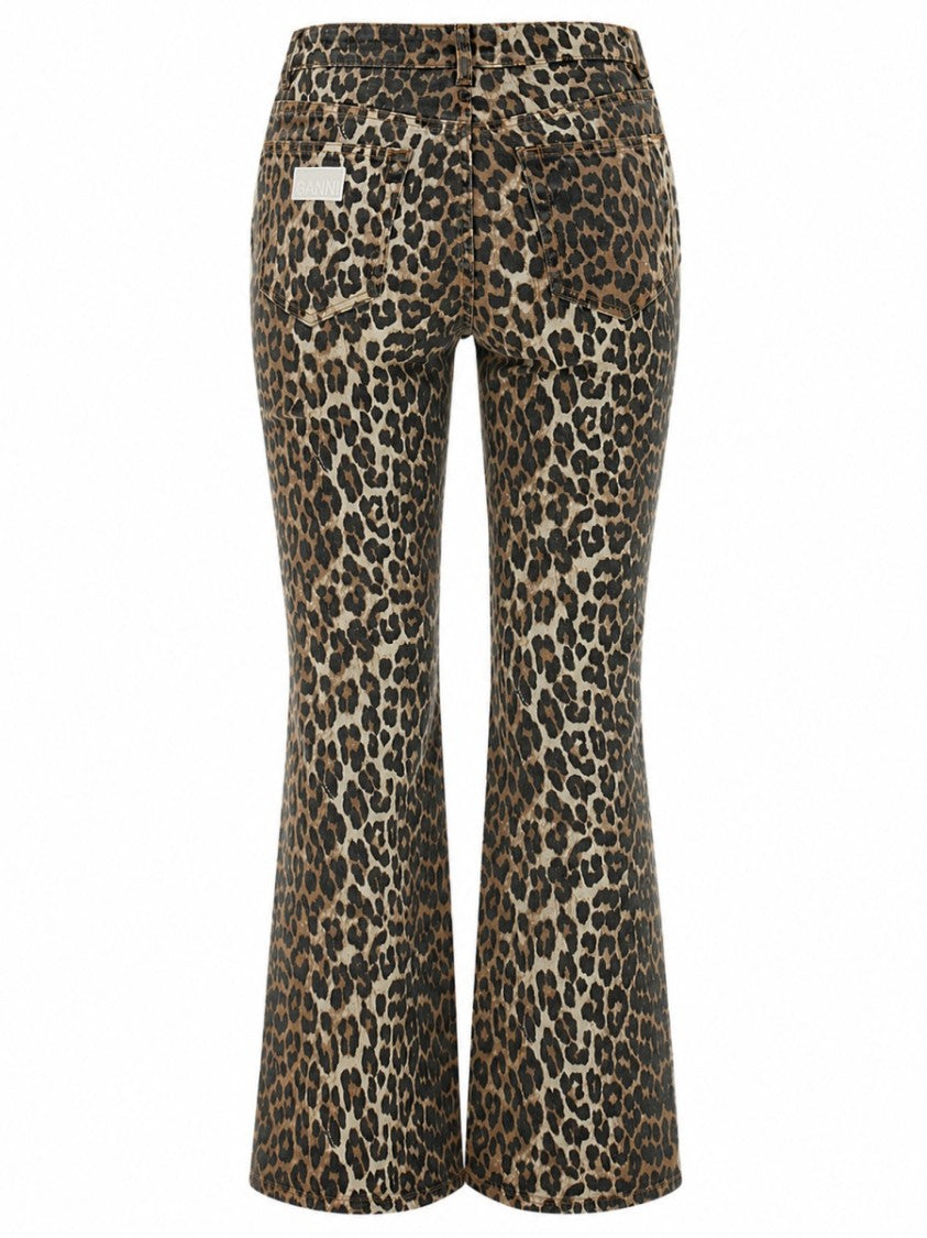 Ganni Animal Print Mid-Rise Flared Organic Cotton Jeans