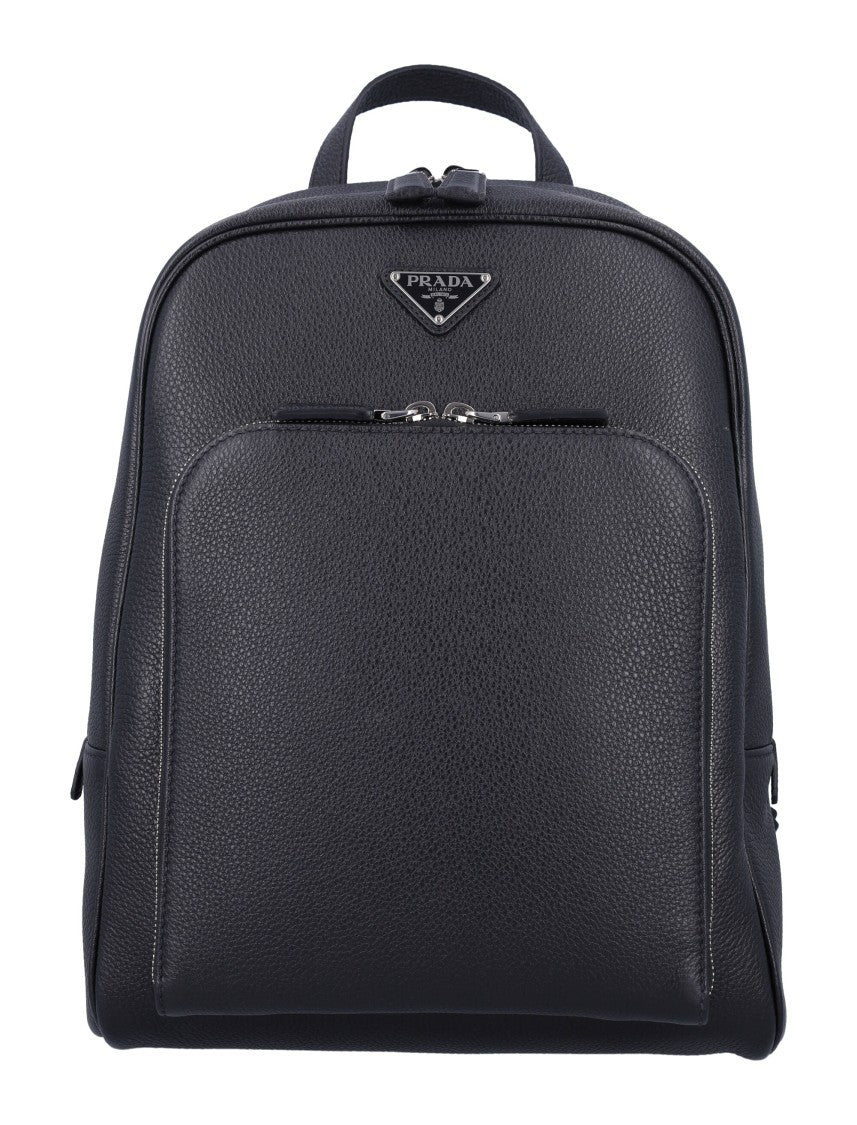 Prada Pebbled Leather Backpack With Top Handle And Adjustable Straps