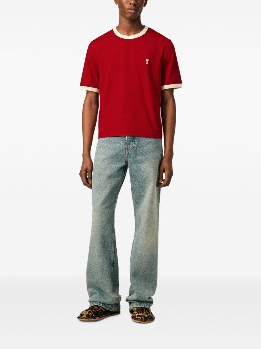 Ami Paris Cropped T-Shirt With Red Body And Off-White Ribbed Trims
