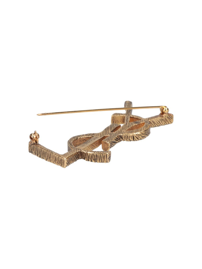 Saint Laurent Brushed Gold Monogram Brass Brooch