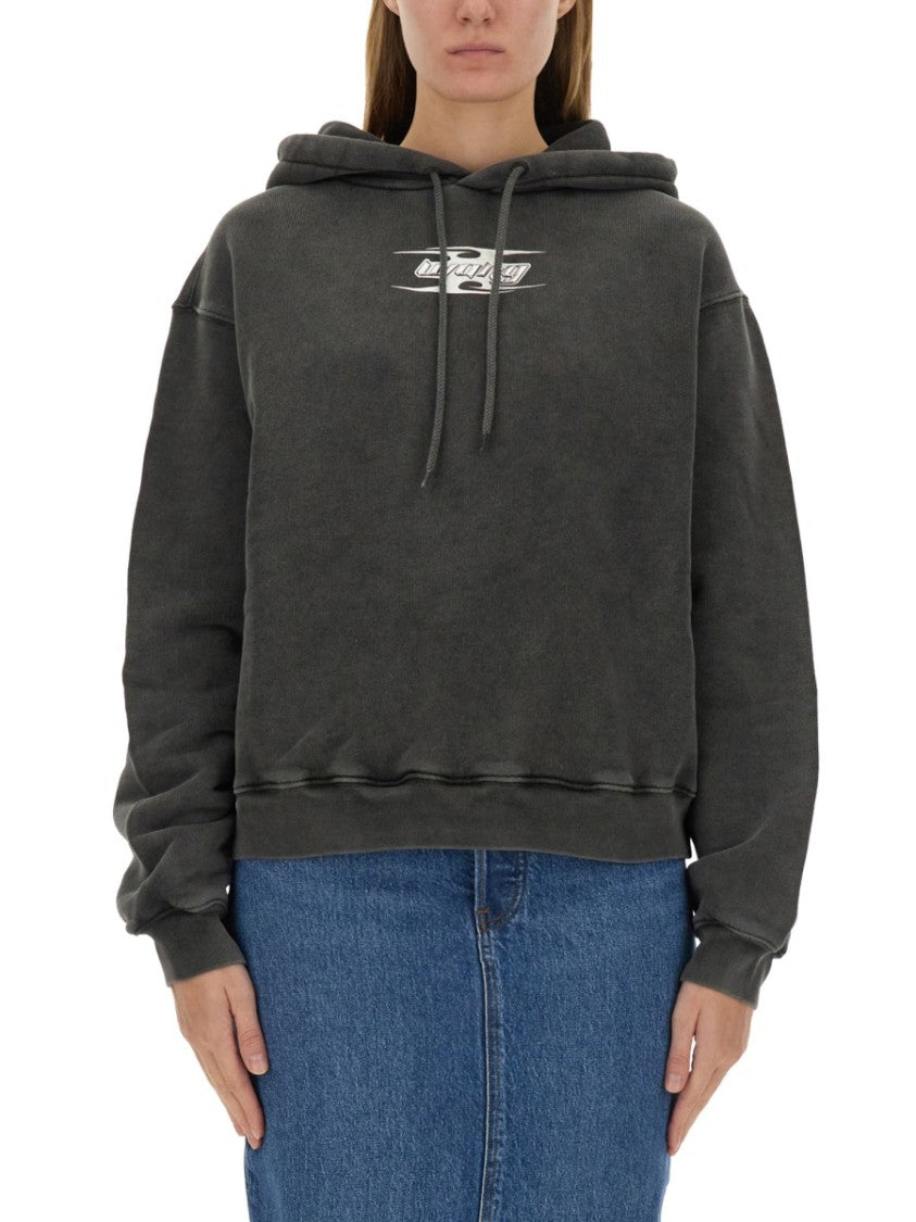 T By Alexander Wang Boxy Grey Sweatshirt With Logo Print And Drawstring Hood