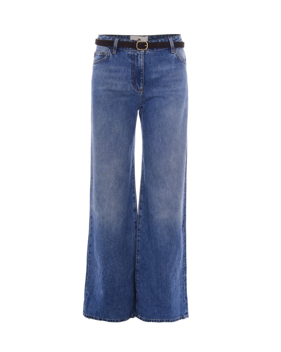 Elisabetta Franchi Wide-Leg Denim Palazzo Jeans With Suede Belt And Gold Accents